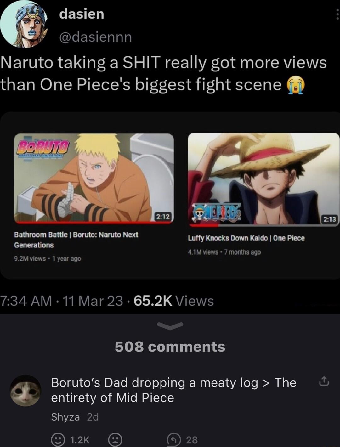 dasien GLEETELLT Naruto taking a SHIT really got more views than One Pieces biggest fight scene Bathroom Batle Boruto Naru Next Ly e B 14 o e Generatons PP eZ YAV ERERVETR R R QU 508 comments Borutos Dad dropping a meaty log The Qv entirety of Mid Piece shyza 2d Er o 2z