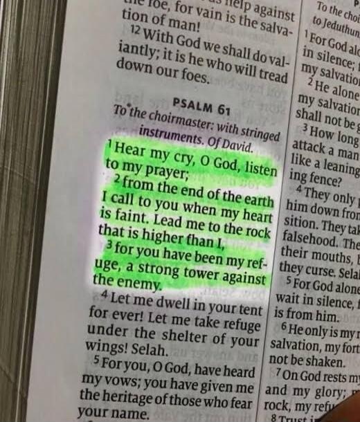 Hear my cry, O God, listen to my prayer; from the end of the earth I call to you when my heart is faint. Lead me to the rock that is higher than I, for you have been my refuge, a strong tower against the enemy.