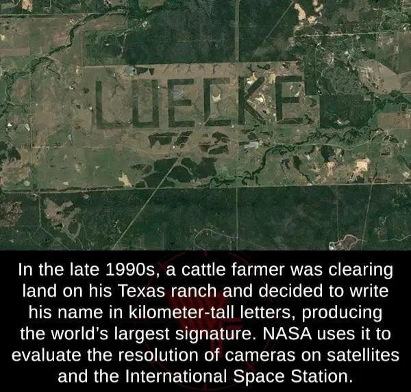 sl e S kgl In the late 1990s a cattle farmer was clearing land on his Texas ranch and decided to write S E N CE U REEI SR T the worlds largest signature NASA uses it to CETEICRGER T e CE R RIS and the International Space Station