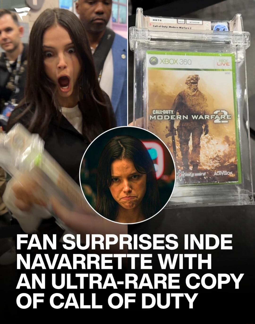 A fan surprises Inde Navarrette with an ultra-rare copy of Call of Duty. The image shows Inde Navarrette with a surprised expression, reacting to receiving a graded copy of the video game Call of Duty: Modern Warfare 2 for Xbox 360. An inset image shows her with a slightly annoyed or pouting expression. Text on the game case includes 'Xbox 360', 'X
