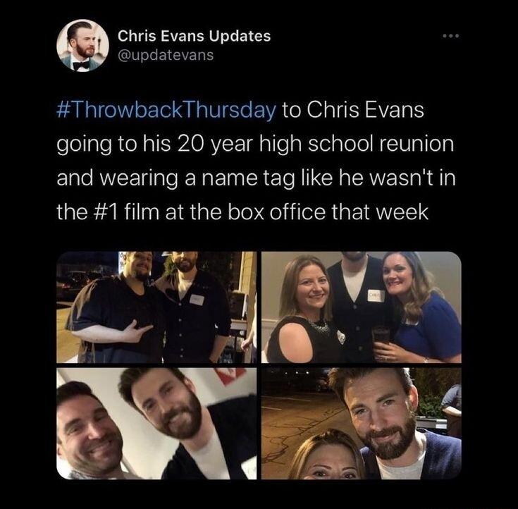 Chris Evans Updates updatevans ThrowbackThursday to Chris Evans going to his 20 year high school reunion and wearing a name tag like he wasntin the 1 film at the box office that week