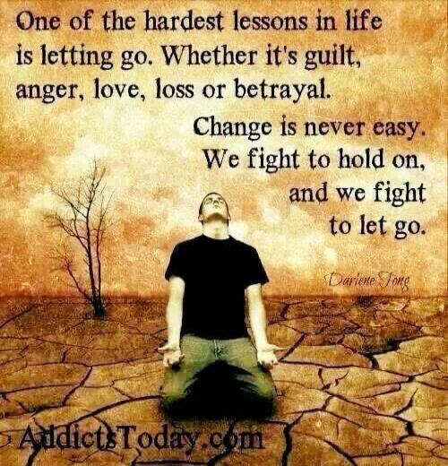 One of the hardest lessons in life is letting go. Whether it's guilt, anger, love, loss or betrayal. Change is never easy. We fight to hold on, and we fight to let go. Darlene Fong AddictToday.com