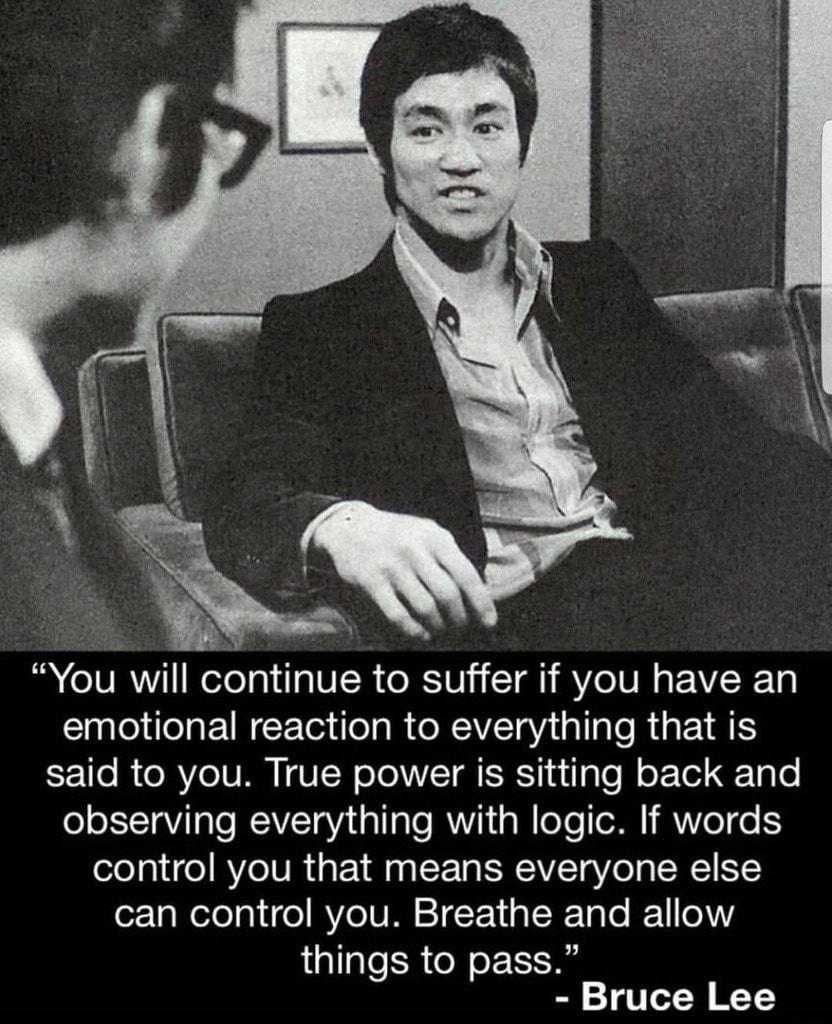 N 2 h You will continue to suffer if you have an emotional reaction to everything that is 1o R e RVl VM I VTN o ITT E R inilglo l o Tol TgT0 observing everything with logic If words control you that means everyone else can control you Breathe and allow things to pass Bruce Lee