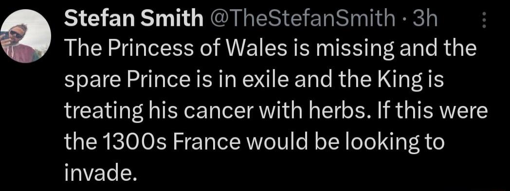 BEELEL TG TQLESCERhTIG R The Princess of Wales is missing and the spare Prince is in exile and the King is treating his cancer with herbs If this were the 1300s France would be looking to GIEER