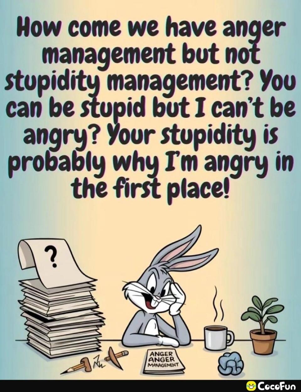 How come we have anger management but not stupidity management? You can be stupid but I can't be angry? Your stupidity is probably why I'm angry in the first place!