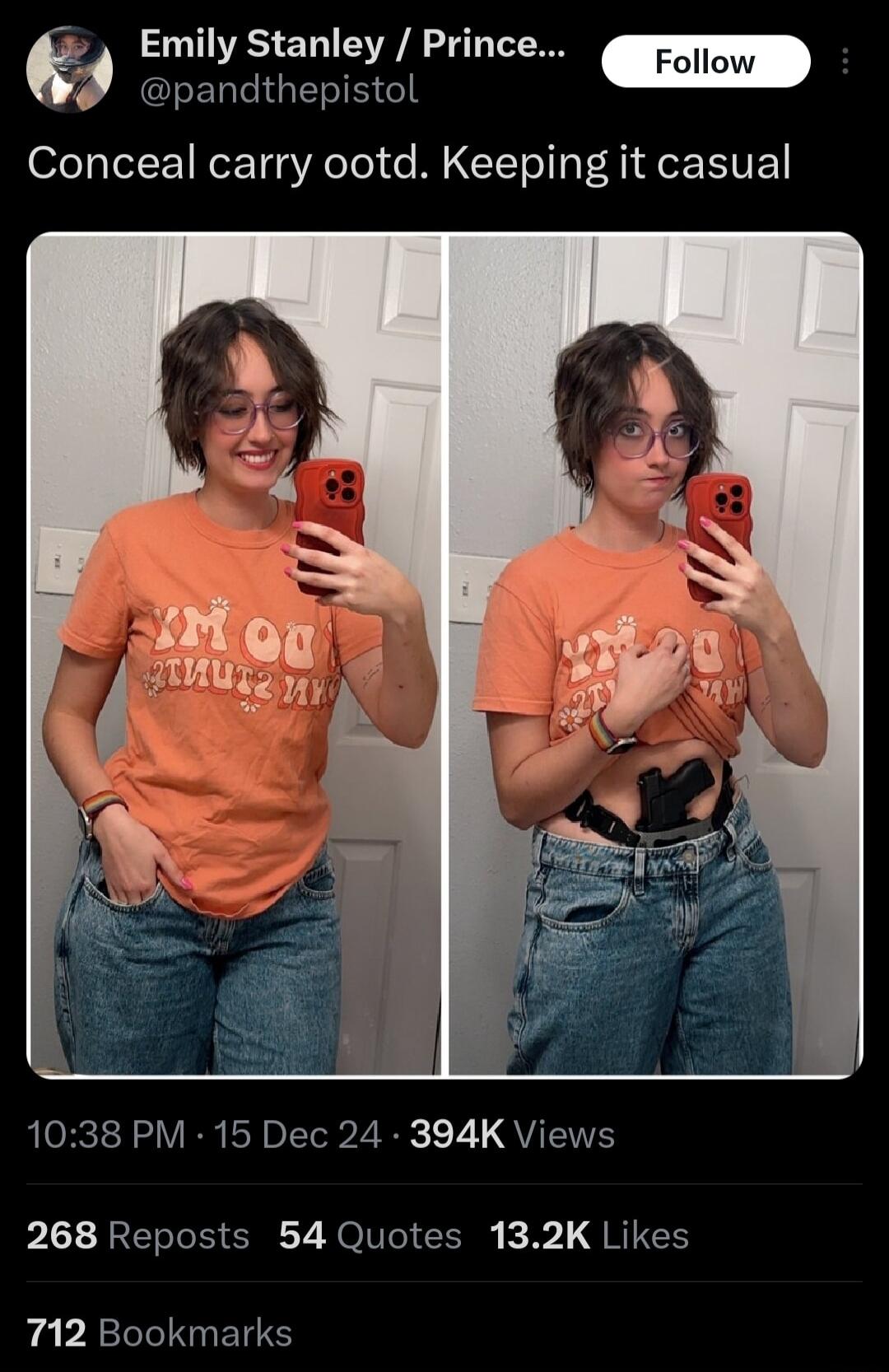e Emily Stanley Prince EEEREIGEIE G Conceal carry ootd Keeping it casual 1038 PM 15 Dec 24 394K Views P11 RELE Y JOlI CEl k B G RIIEH 712 Bookmarks