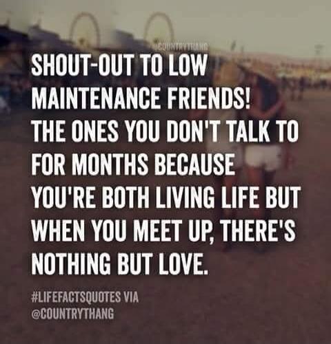 SHOUT-OUT TO LOW MAINTENANCE FRIENDS! THE ONES YOU DON'T TALK TO FOR MONTHS BECAUSE YOU'RE BOTH LIVING LIFE BUT WHEN YOU MEET UP, THERE'S NOTHING BUT LOVE. #LIFEFACTSQUOTES VIA @COUNTRYTHANG