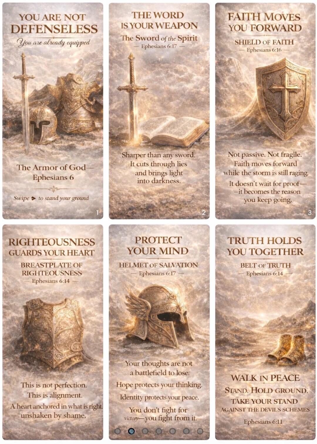 YOU ARE NOT DEFENSELESS You are already equipped The Armor of God Ephesians 6 Swipe to stand your ground. THE WORD IS YOUR WEAPON The Sword of the Spirit Ephesians 6:17 Sharper than any sword. It cuts through lies and brings light into darkness. FAITH MOVES YOU FORWARD SHIELD OF FAITH Ephesians 6:16 Not passive. Not fragile. Faith moves forward whi