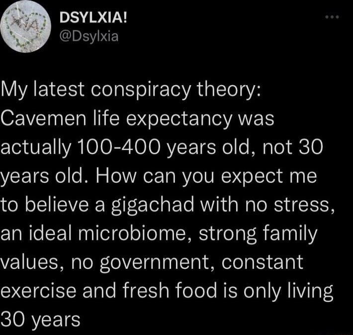 DSYLXIA S My latest conspiracy theory Cavemen life expectancy was CIA UL VATOORY X0 O RYZ ETe Kol o Mg Te 0 years old How can you expect me to believe a gigachad with no stress an ideal microbiome strong family values no government constant exercise and fresh food is only living CORVEETS