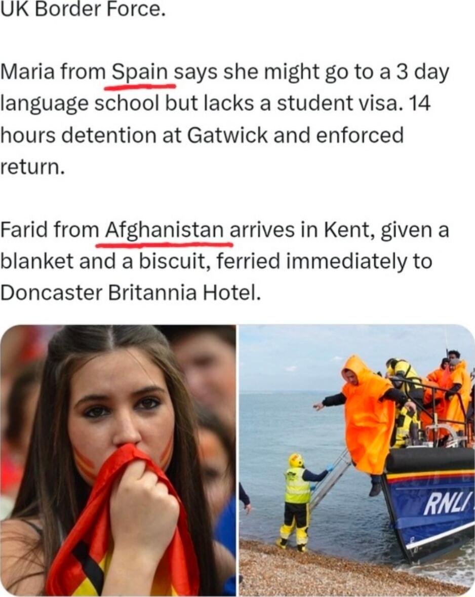 UK Border Force Maria from Spain says she might go to a 3 day language school but lacks a student visa 14 hours detention at Gatwick and enforced return Farid from Afghanistan arrives in Kent given a blanket and a biscuit ferried immediately to Doncaster Britannia Hotel