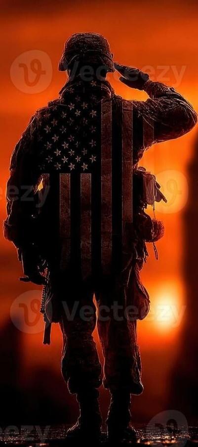  silhouette of a soldier saluting, with an American flag pattern on the vest, set against a fiery orange background. watermark text 'Vectorzy' is visible.