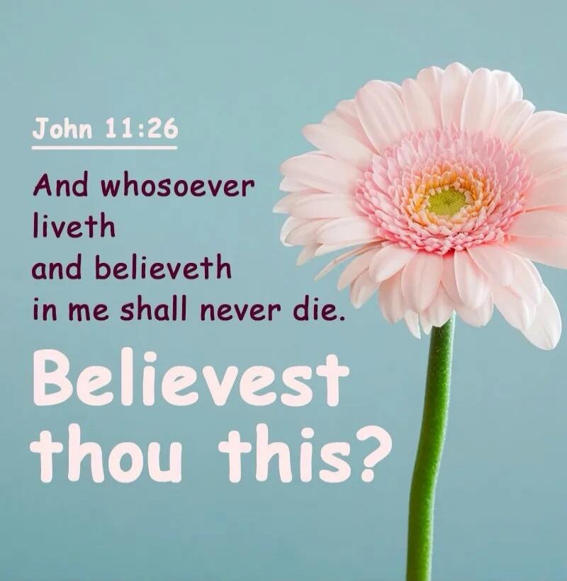 John 11:26 And whosoever liveth and believeth in me shall never die. Believest thou this?