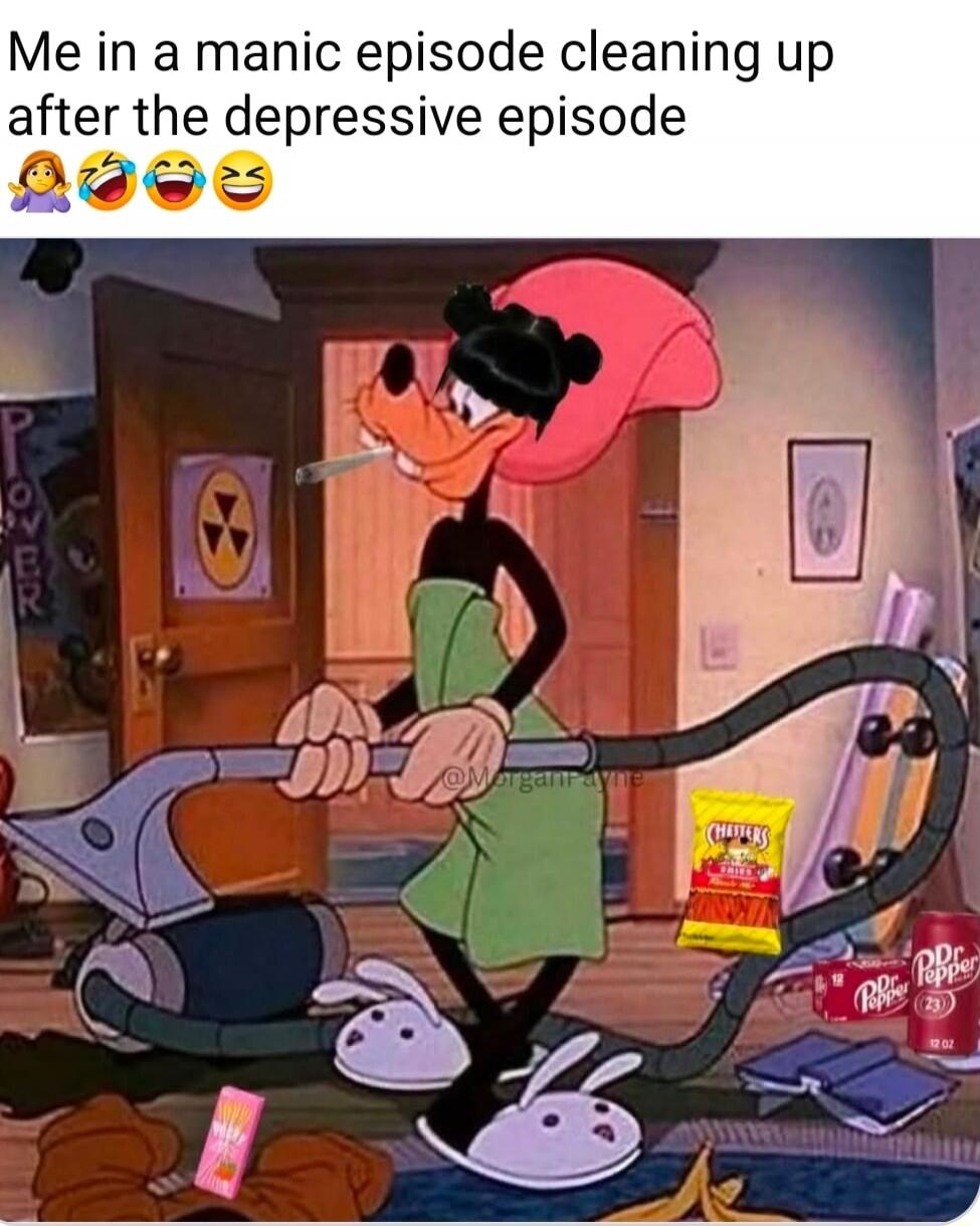 Me in a manic episode cleaning up after the depressive episode