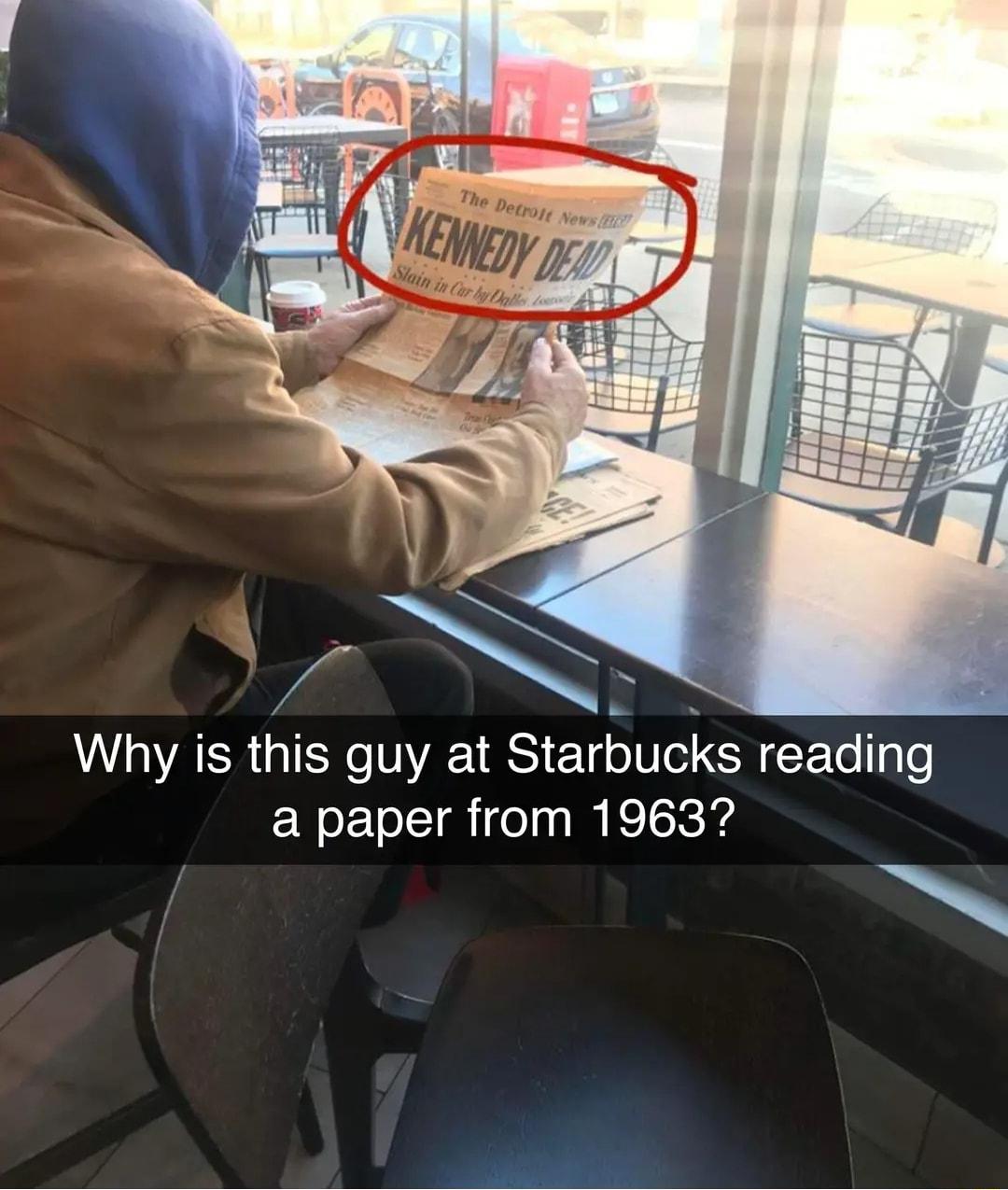VAR QI V StarBucks reading a paper from 1963