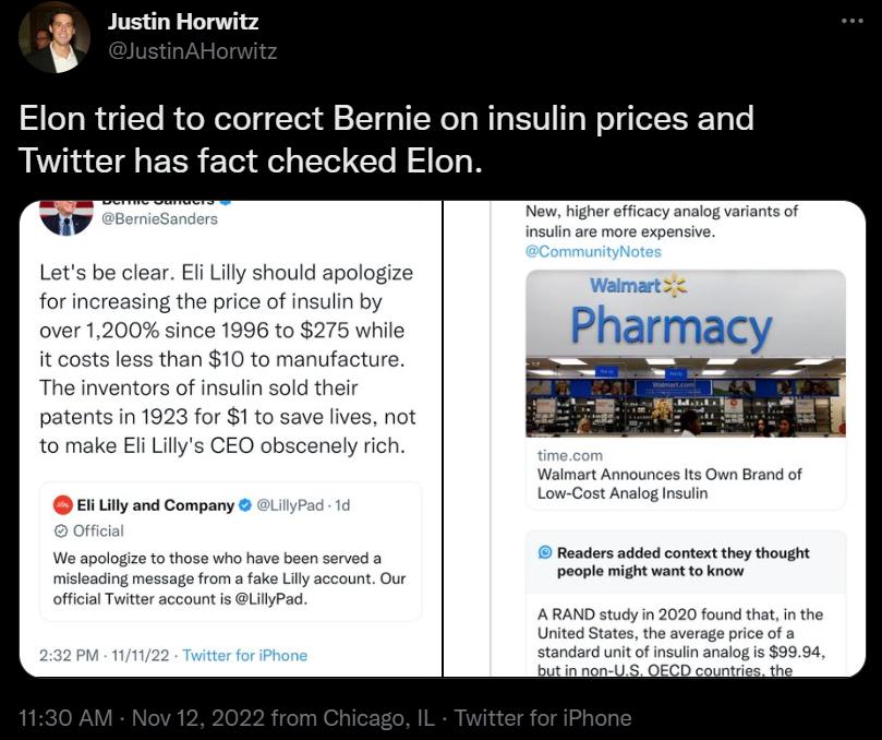 Justin Horwitz v Elon tried to correct Bernie on insulin prices and Twitter has fact checked Elon W patents in 1923 for S1 to save lves not to make Bl Lilys CEO obscenaly rich