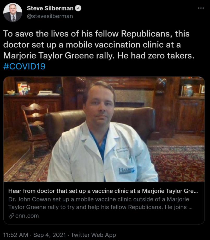 SO ENY S CVEHIE R ED To save the lives of his fellow Republicans this oTe3 oY U o W Vo oJI AVEYeTo EoY d e g Wl I o TToR1 Y V ETS IR T CTEE L R e 5 CR I ET PZT R 1 CIER COVID19 Hear from doctor that set up a vaccine clinic at a Marjorie Taylor Gre T e 51 WoLe TN Ta R VT o X W Lo oI SRV Yetel ToN ol Ty IToR eIV i N e T WV EETg T4 G Taylor Greene rally to try and help his fellow Republicans He joins