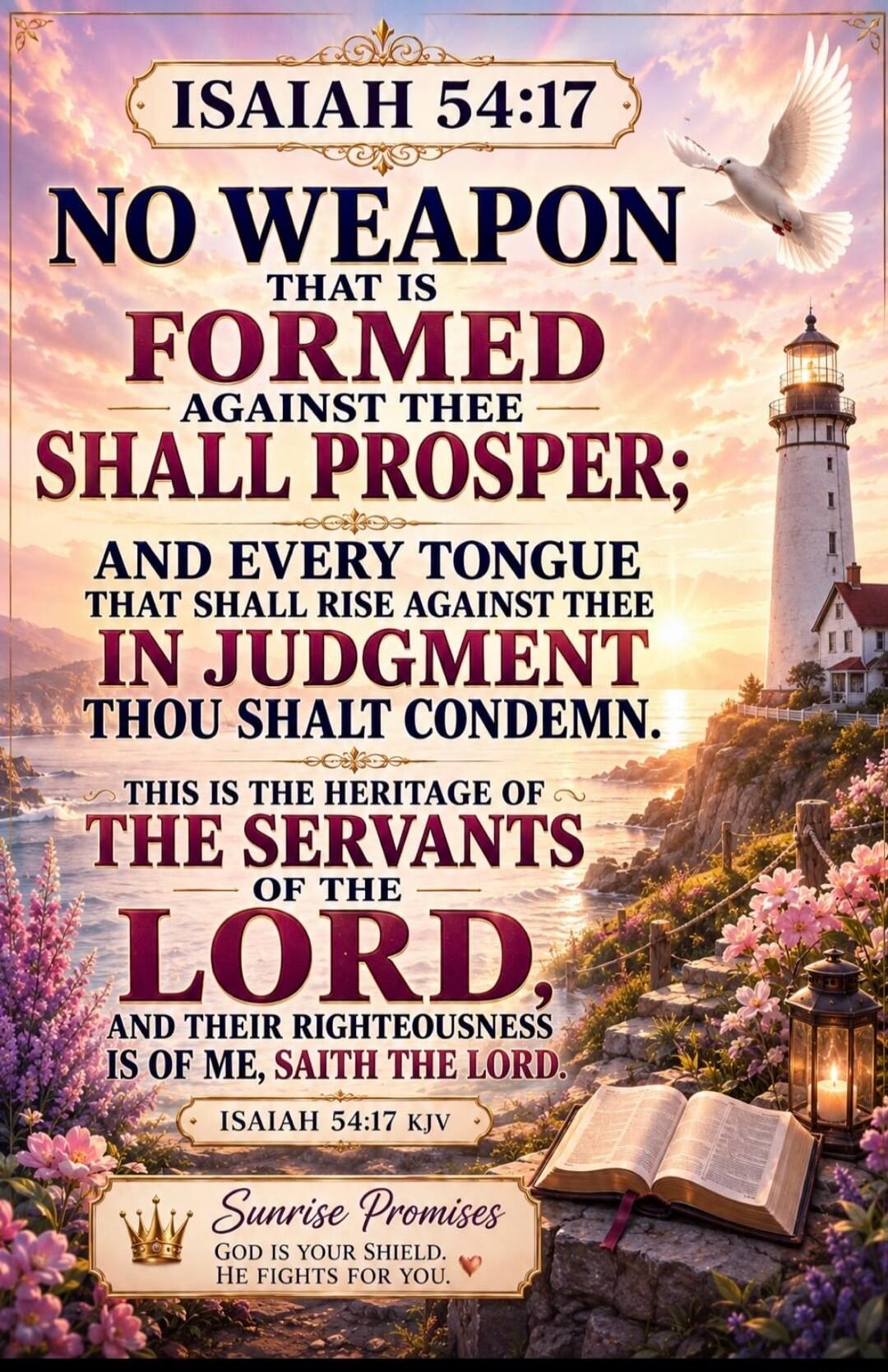 ISAIAH 54:17 NO WEAPON THAT IS FORMED AGAINST THEE SHALL PROSPER; AND EVERY TONGUE THAT SHALL RISE AGAINST THEE IN JUDGMENT THOU SHALT CONDEMN. THIS IS THE HERITAGE OF THE SERVANTS OF THE LORD, AND THEIR RIGHTEOUSNESS IS OF ME, SAITH THE LORD. ISAIAH 54:17 KJV Sunrise Promises GOD IS YOUR SHIELD. HE FIGHTS FOR YOU.