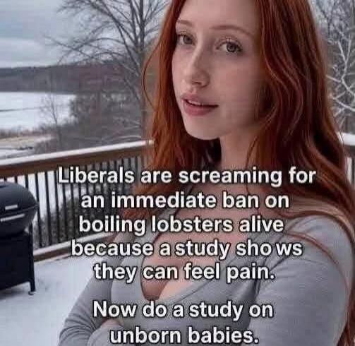 Liberals are screaming for an immediate ban on boiling lobsters alive because a study shows they can feel pain. Now do a study on unborn babies.