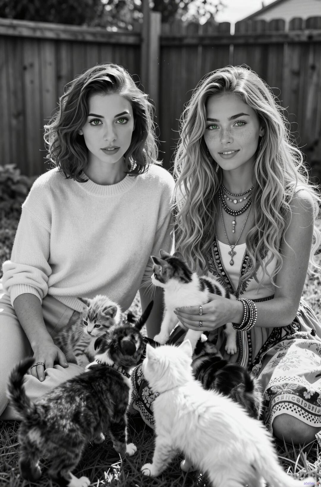 Two young women are sitting on the grass outdoors, surrounded by several small kittens. One woman with short wavy hair and green eyes is on the left, wearing a light-colored sweater. The other woman with long wavy hair, freckles, and green eyes is on the right, wearing a patterned dress and multiple necklaces. They are interacting with and holding 