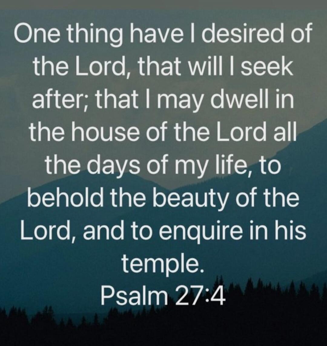 One thing have I desired of the Lord, that will I seek after; that I may dwell in the house of the Lord all the days of my life, to behold the beauty of the Lord, and to enquire in his temple. Psalm 27:4