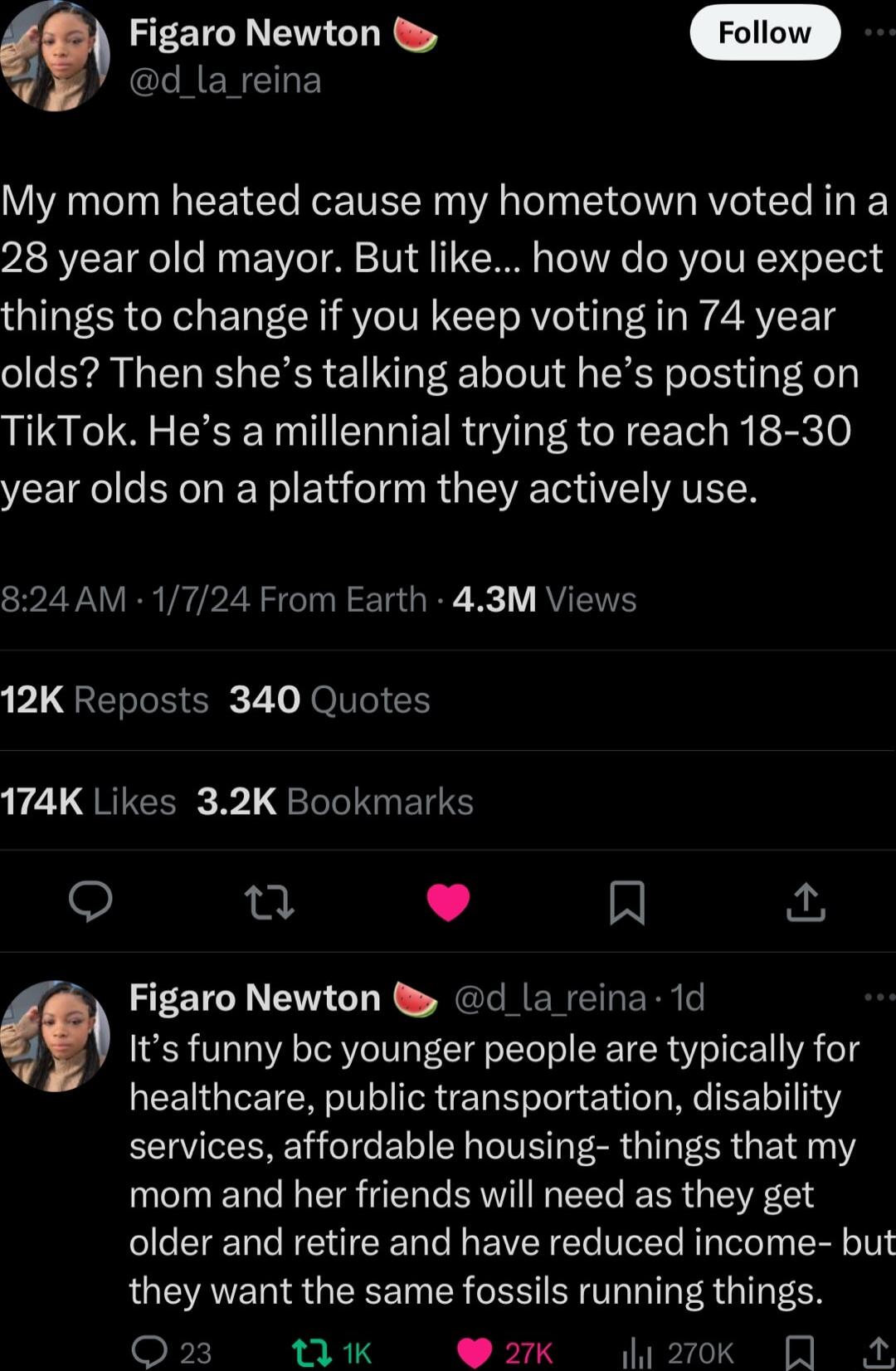6 Figaro Newton NENCHES My mom heated cause my hometown voted in a 28 year old mayor But like how do you expect things to change if you keep voting in 74 year olds Then shes talking about hes posting on TikTok Hes a millennial trying to reach 18 30 VEE LR NolEYee Ty R GEIVEETUIVEI AVET 824 AM 1724 From Earth 43M Views 12K Reposts 340 Quotes 1L QRICER 3 RIINETS Qo hn L 4 R Figaro Newton d la reina 