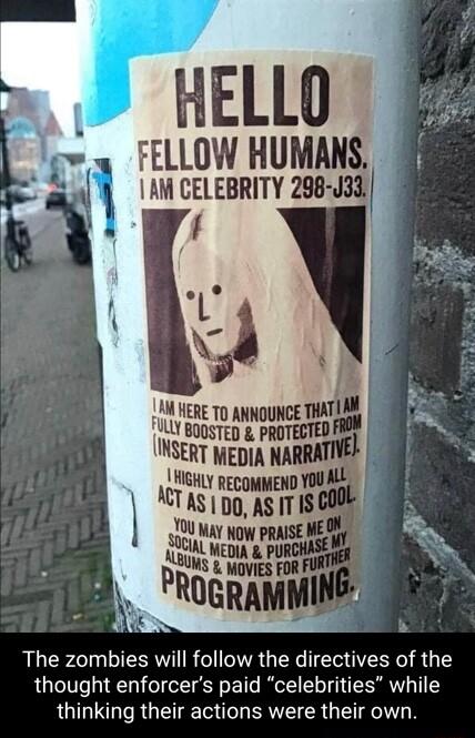 HELLO FELLOW HUMANS A mmuneem Y B00STED PROTECTED NS o mm HHL RecommenD YOUALL ACT Soci The zombies will follow the directives of the thought enforcers paid celebrities while thinking their actions were their own