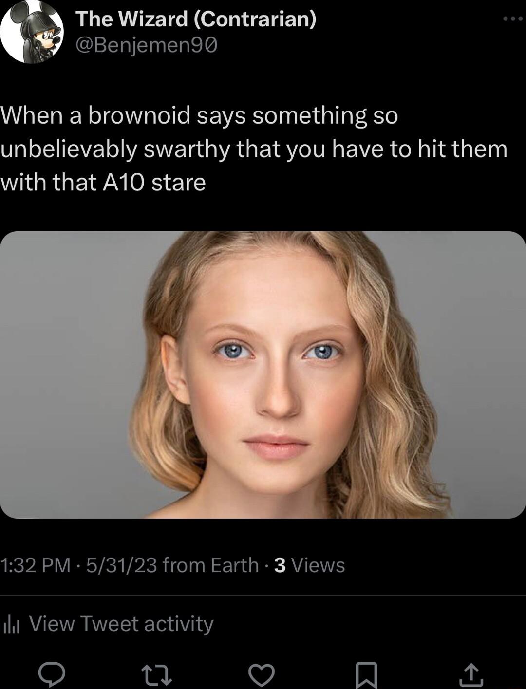 AU EEIE L EHED ELTEINEREL When a brownoid says something so unbelievably swarthy that you have to hit them WHGRGEI NS ET 132 PM 53123 from Earth 3 Views ihi View Tweet activity n 97 IN o