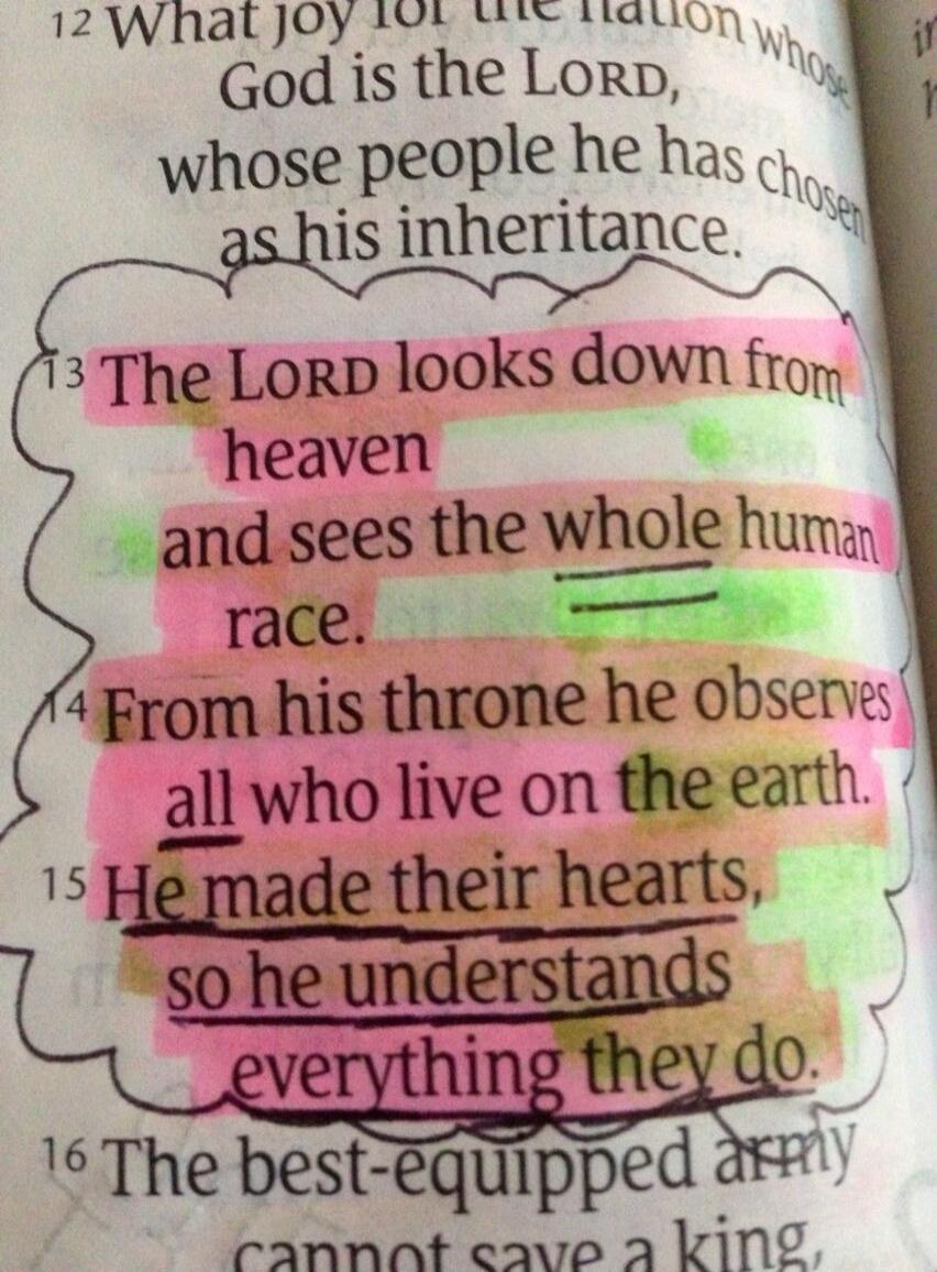 The LORD looks down from heaven and sees the whole human race. From his throne he observes all who live on the earth. He made their hearts, so he understands everything they do.