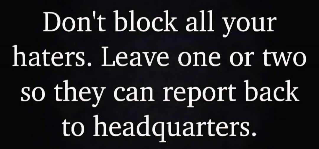 Don't block all your haters. Leave one or two so they can report back to headquarters.