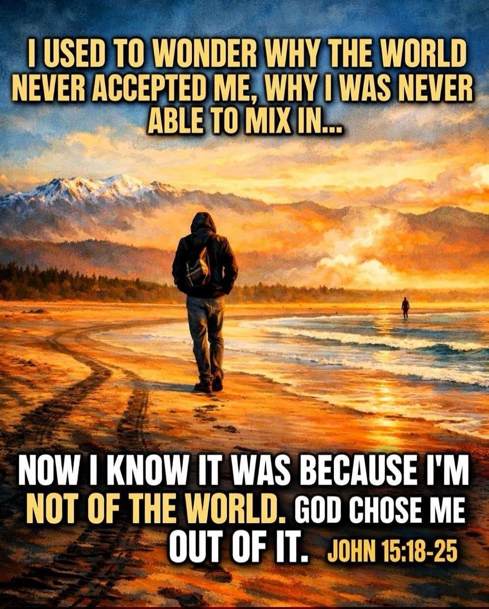 I USED TO WONDER WHY THE WORLD NEVER ACCEPTED ME, WHY I WAS NEVER ABLE TO MIX IN... NOW I KNOW IT WAS BECAUSE I'M NOT OF THE WORLD. GOD CHOSE ME OUT OF IT. JOHN 15:18-25