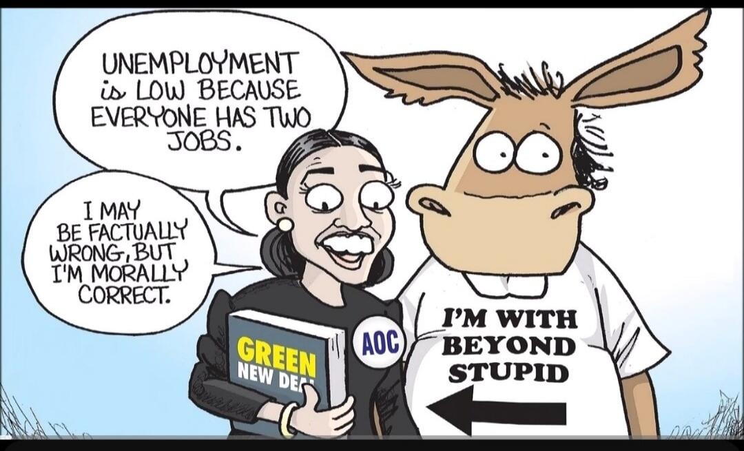 Unemployment is low because everyone has two jobs. I may be wrong, but I’m morally correct. I’m with beyond stupid