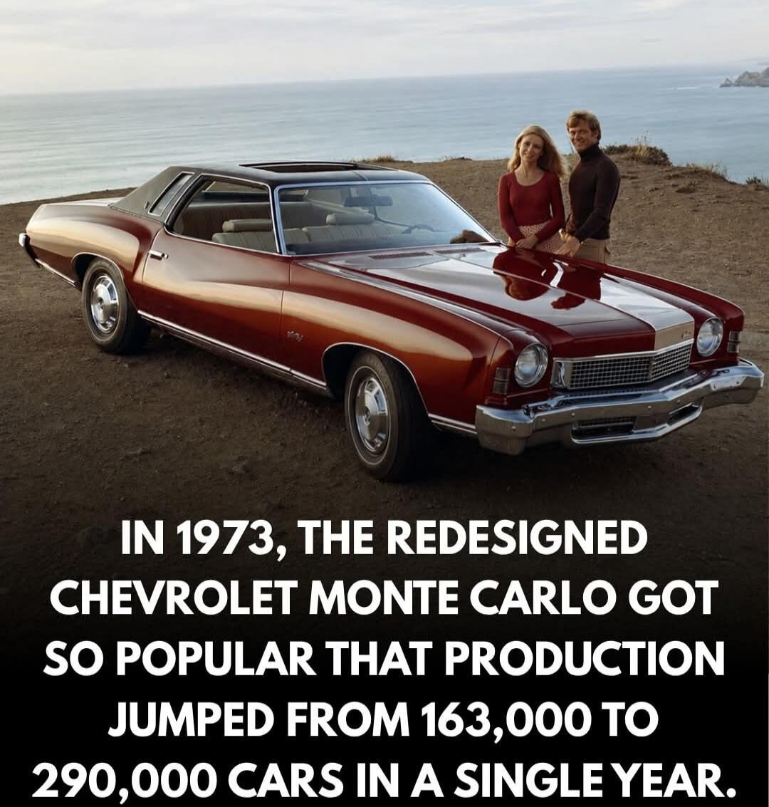 IN 1973, THE REDESIGNED CHEVROLET MONTE CARLO GOT SO POPULAR THAT PRODUCTION JUMPED FROM 163,000 TO 290,000 CARS IN A SINGLE YEAR.