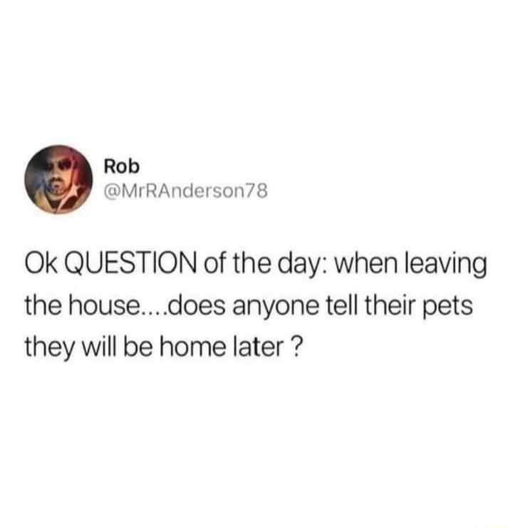 Rob MrRAnderson78 Ok QUESTION of the day when leaving the housedoes anyone tell their pets they will be home later