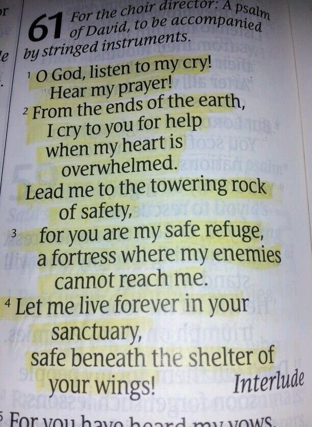 61 For the choir director: A psalm of David, to be accompanied by stringed instruments. O God, listen to my cry! Hear my prayer! From the ends of the earth, I cry to you for help when my heart is overwhelmed. Lead me to the towering rock of safety, for you are my safe refuge, a fortress where my enemies cannot reach me. Let me live forever in your 