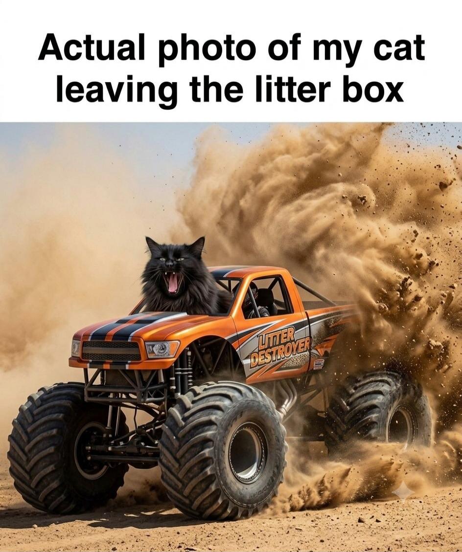 Actual photo of my cat leaving the litter box. LITTER DESTROYER.