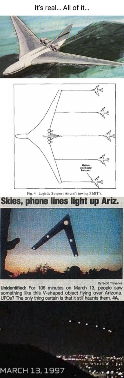 Its real All of it Fig 4 Lo apport Altcraft towing MIT sms phnm Iinas llghl up Ariz By Sece Troyanos Unidentified For 106 minutes on March 13 people saw something like this V shaped object flying over Arizona UFOs The thing certain is that it stil haunts them 4A MARCH 131997