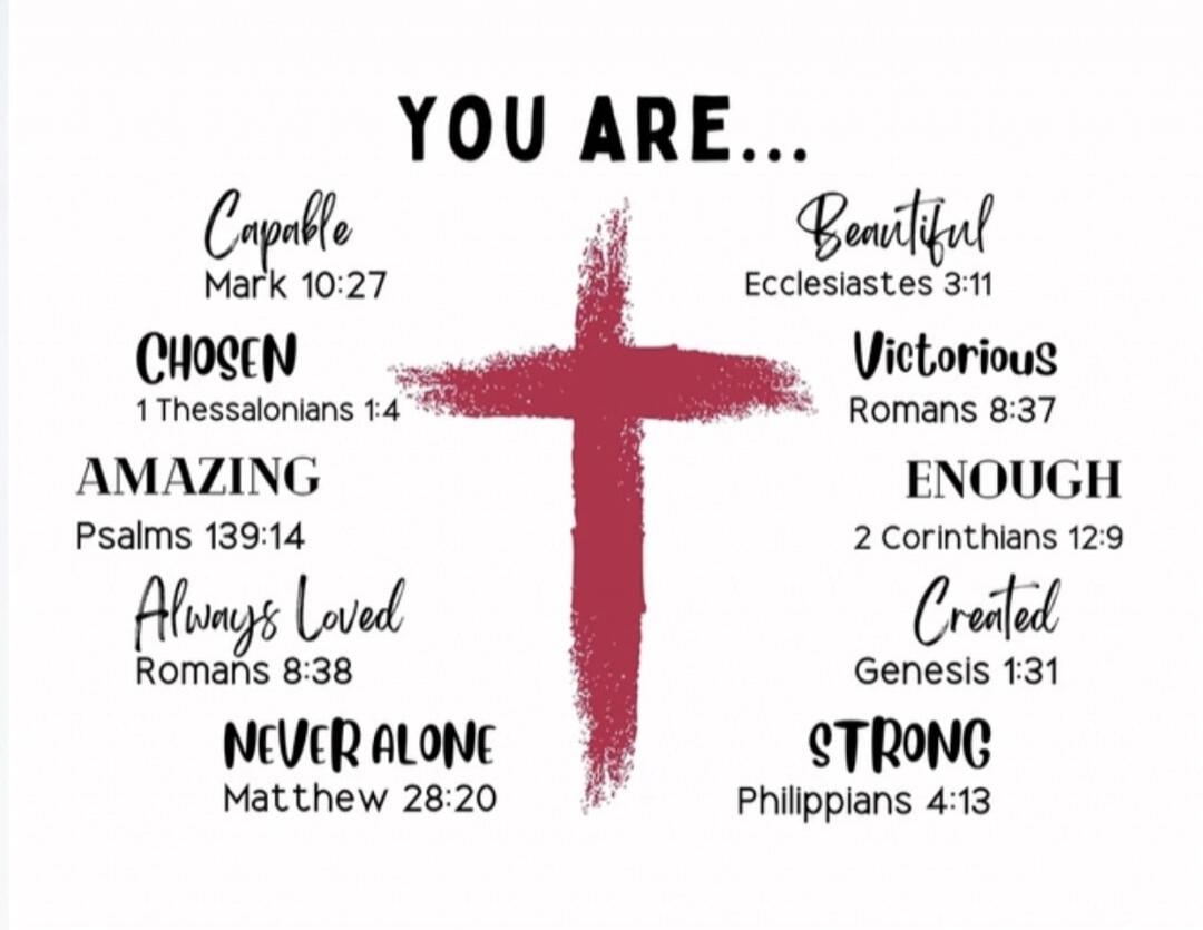 YOU ARE... Capable Mark 10:27 Chosen 1 Thessalonians 1:4 Amazing Psalms 139:14 Always Loved Romans 8:38 Never Alone Matthew 28:20 Beautiful Ecclesiastes 3:11 Victorious Romans 8:37 Enough 2 Corinthians 12:9 Created Genesis 1:31 Strong Philippians 4:13