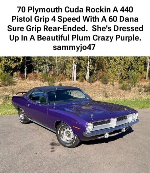70 Plymouth Cuda Rockin A 440 Pistol Grip 4 Speed With A 60 Dana Sure Grip Rear- Ended. She's Dressed Up In A Beautiful Plum Crazy Purple. sammyjo47