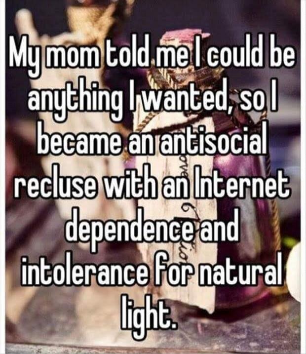 My mom told me I could be anything I wanted, so I became an antisocial recluse with an Internet dependence and intolerance for natural light.