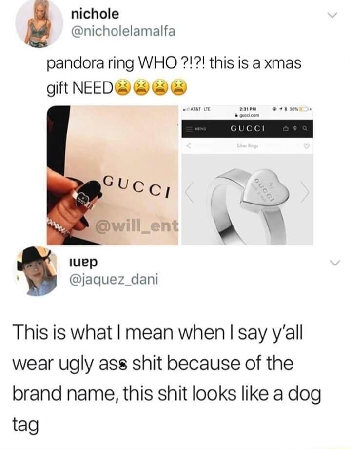 nichole nicholelamalfa pandora ring WHO this is a xmas gift NEED luep v jaquez_dani This is what mean when say yall wear ugly ass shit because of the brand name this shit looks like a dog tag