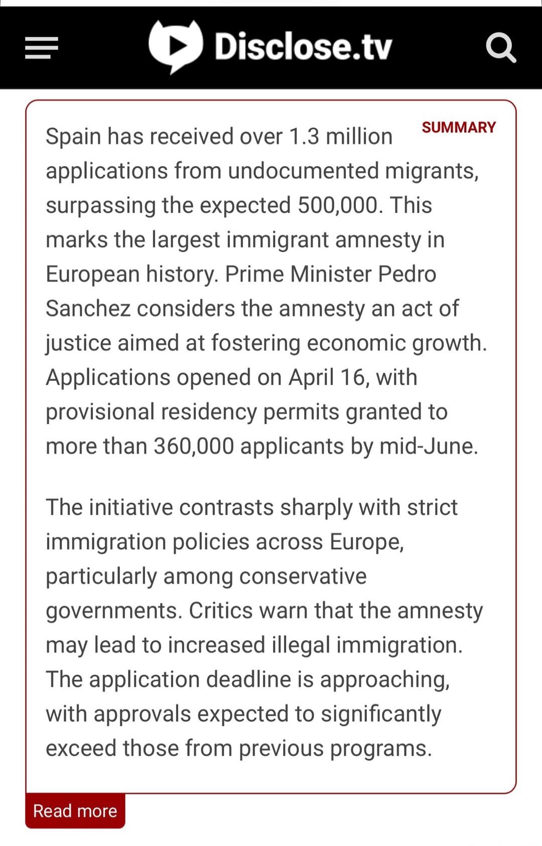 Spain has received over 1.3 million applications from undocumented migrants, surpassing the expected 500,000. This marks the largest immigrant amnesty in European history. Prime Minister Pedro Sanchez considers the amnesty an act of justice aimed at fostering economic growth. Applications opened on April 16, with provisional residency permits grant