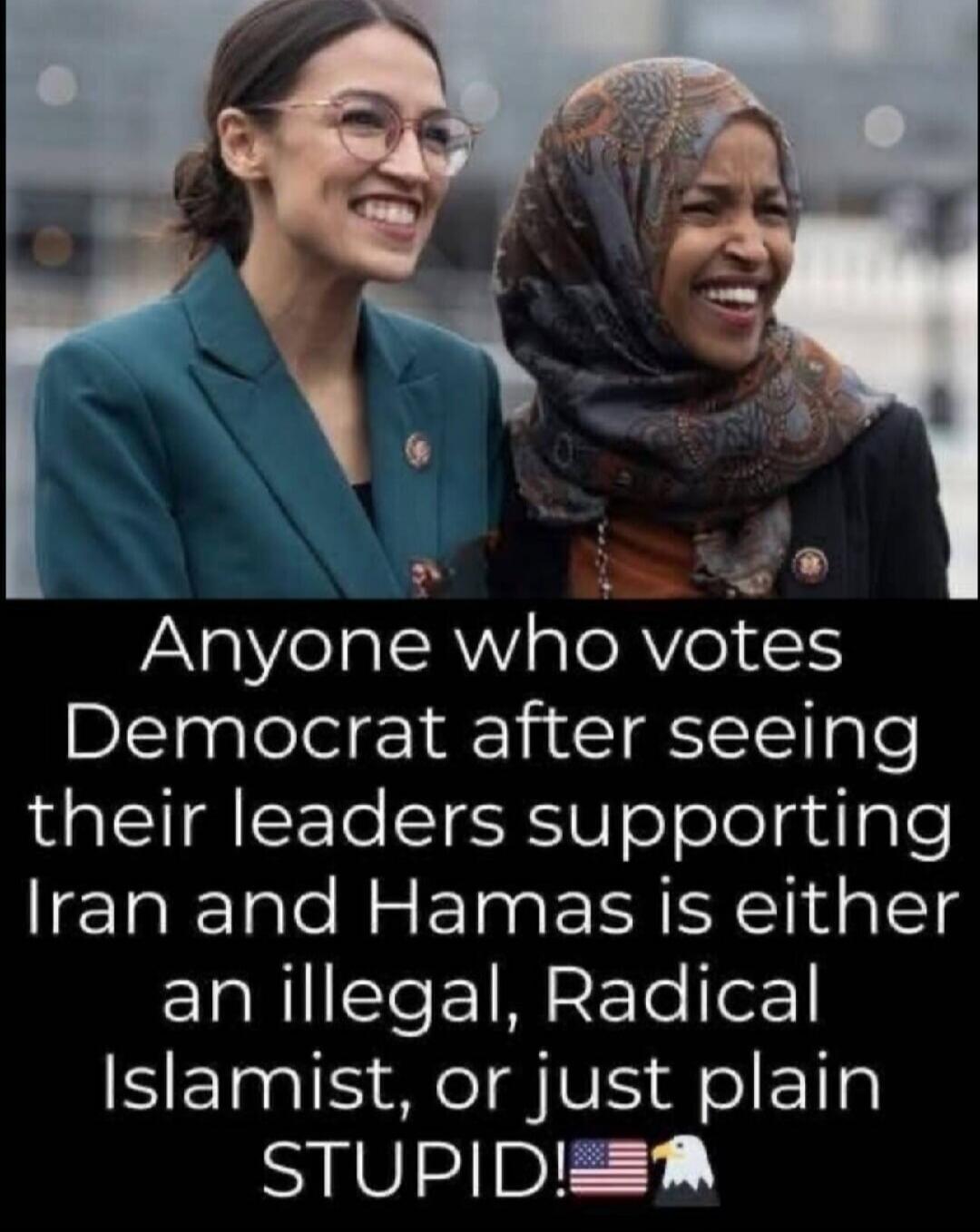 Anyone who votes Democrat after seeing their leaders supporting Iran and Hamas is either an illegal, Radical Islamist, or just plain STUPID!