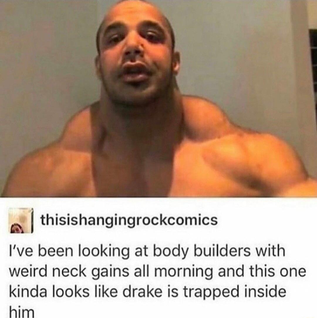 I thisishangingrockcomics Ive been looking at body builders with weird neck gains all morning and this one kinda looks like drake is trapped inside