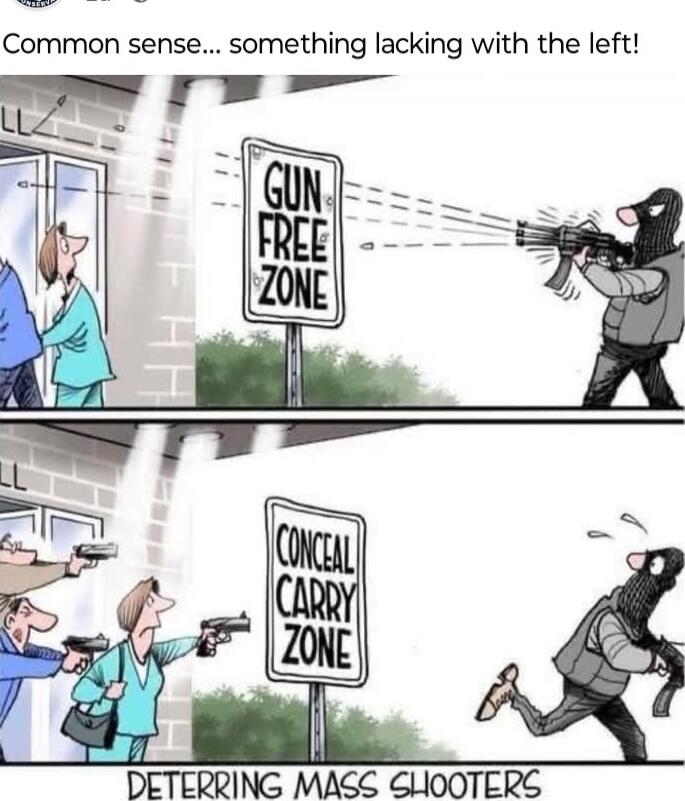 Common sense... something lacking with the left! GUN FREE ZONE CONCEAL CARRY ZONE DETERING MASS SHOOTERS