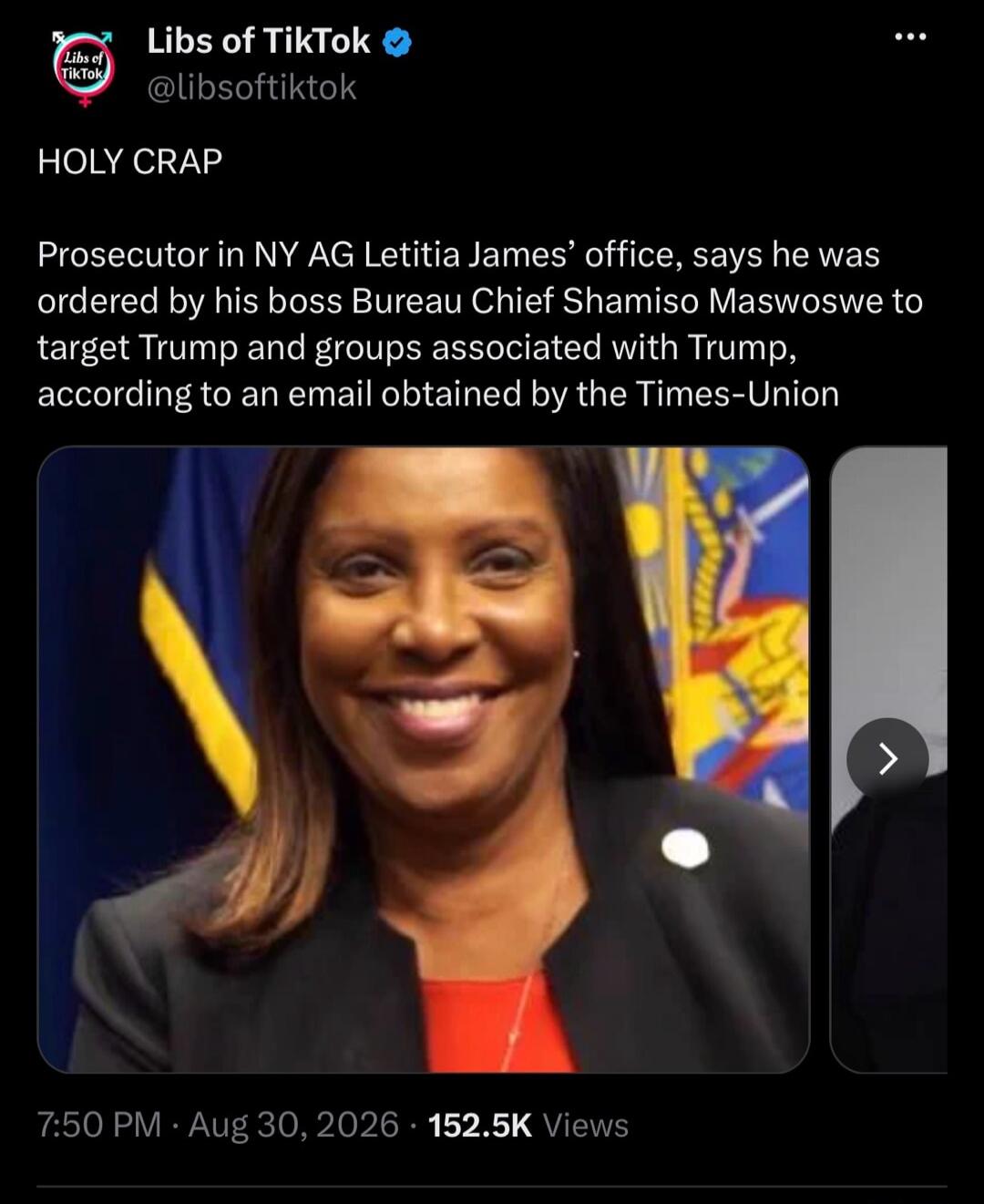 Libs of TikTok. HOLY CRAP. Prosecutor in NY AG Letitia James' office says he was ordered by his boss Bureau Chief Shamiso Maswoswe to target Trump and groups associated with Trump, according to an email obtained by the Times-Union.