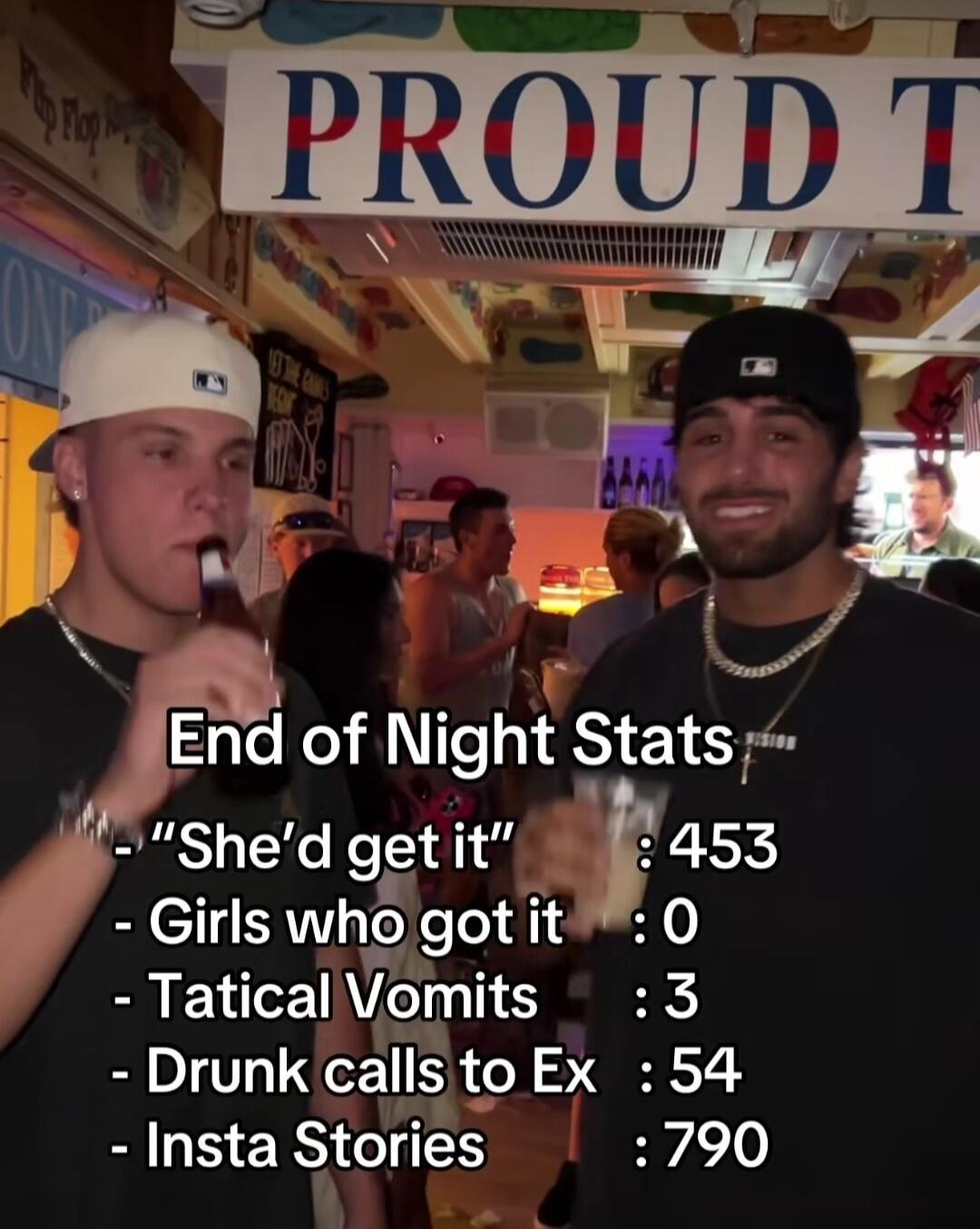 i End of Night Stats Shed get li g LER Girls whe got it 0 Tatical Vomlts 3 Drunk calls toEx 54 Insta Storles 1790