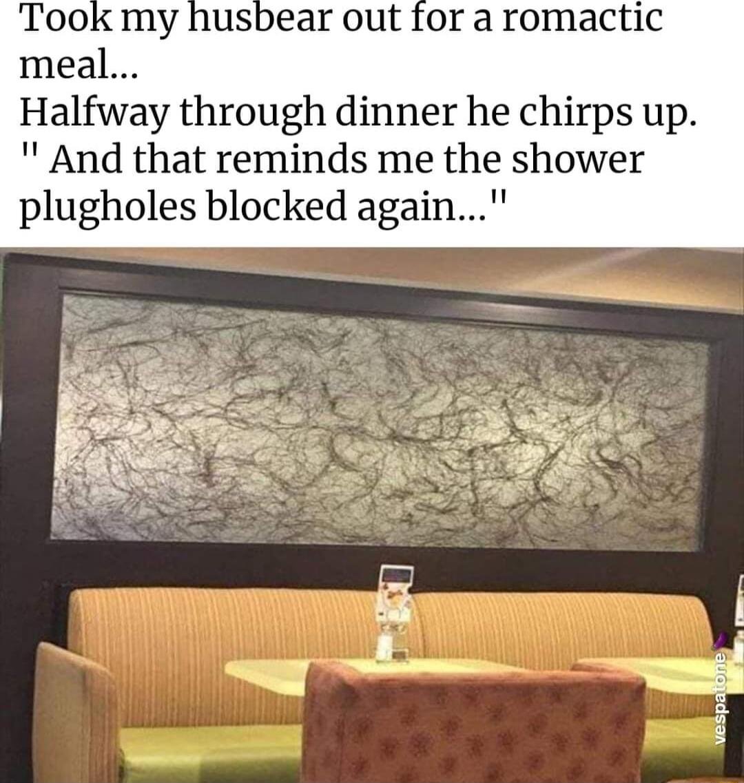 Took my husbear out for a romactic meal Halfway through dinner he chirps up And that reminds me the shower plugholes blocked again 13