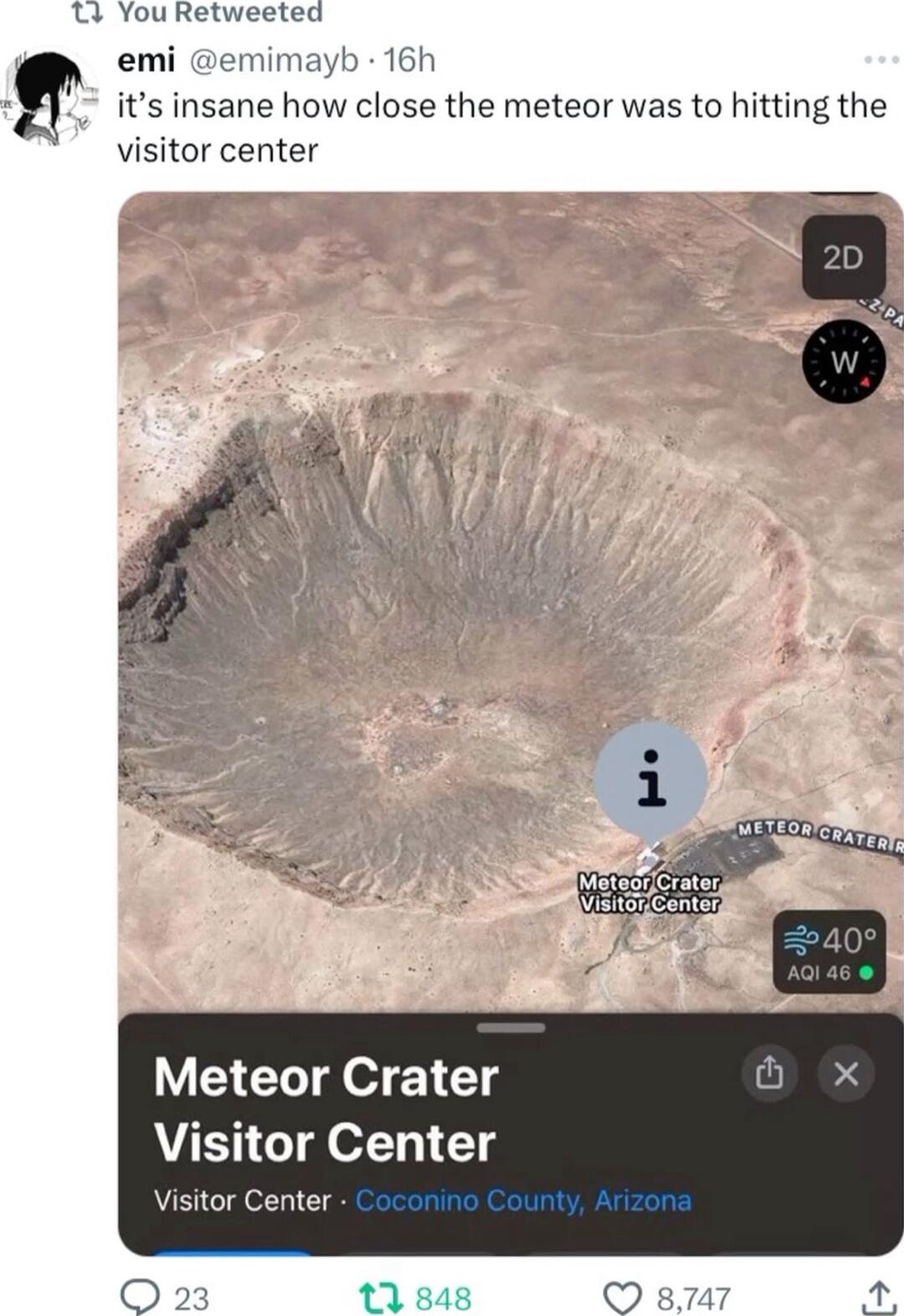 T3 You Retweeted emi emima 6h R its insane how close the meteor was to hitting the visitor center Meteor Crater Visitor Center Visitor Center O 2 17 848 o K