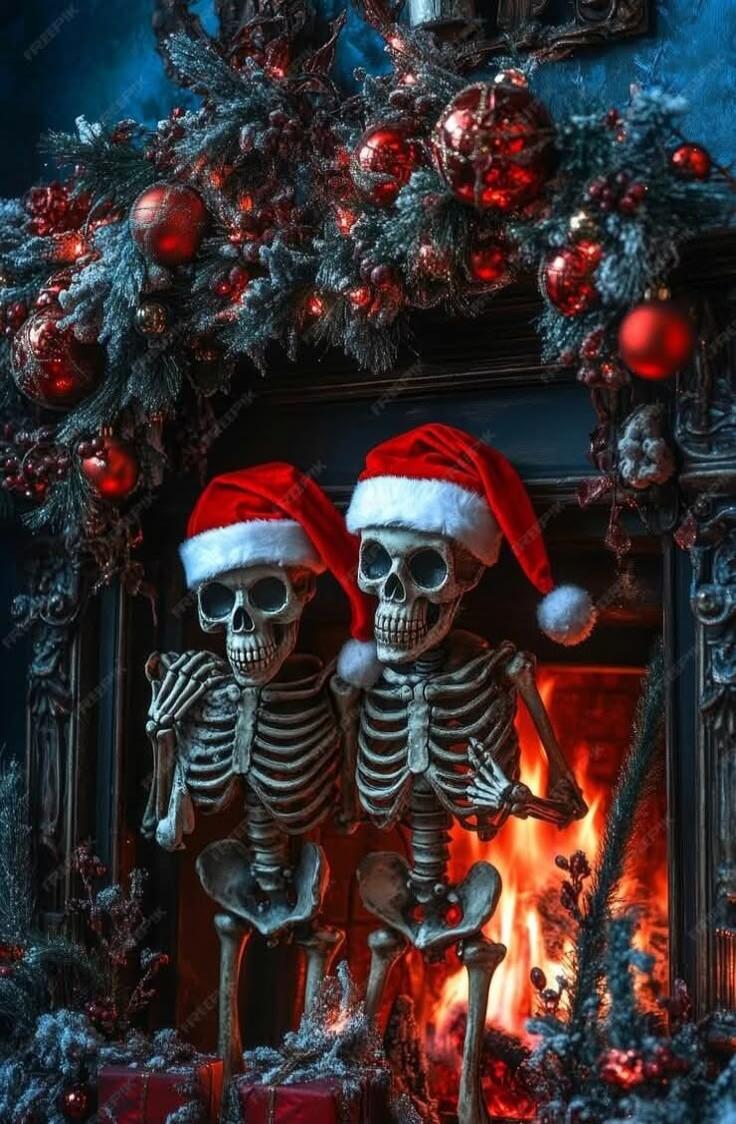 Two skeletons wearing Santa hats by a festive fireplace with Christmas decorations.