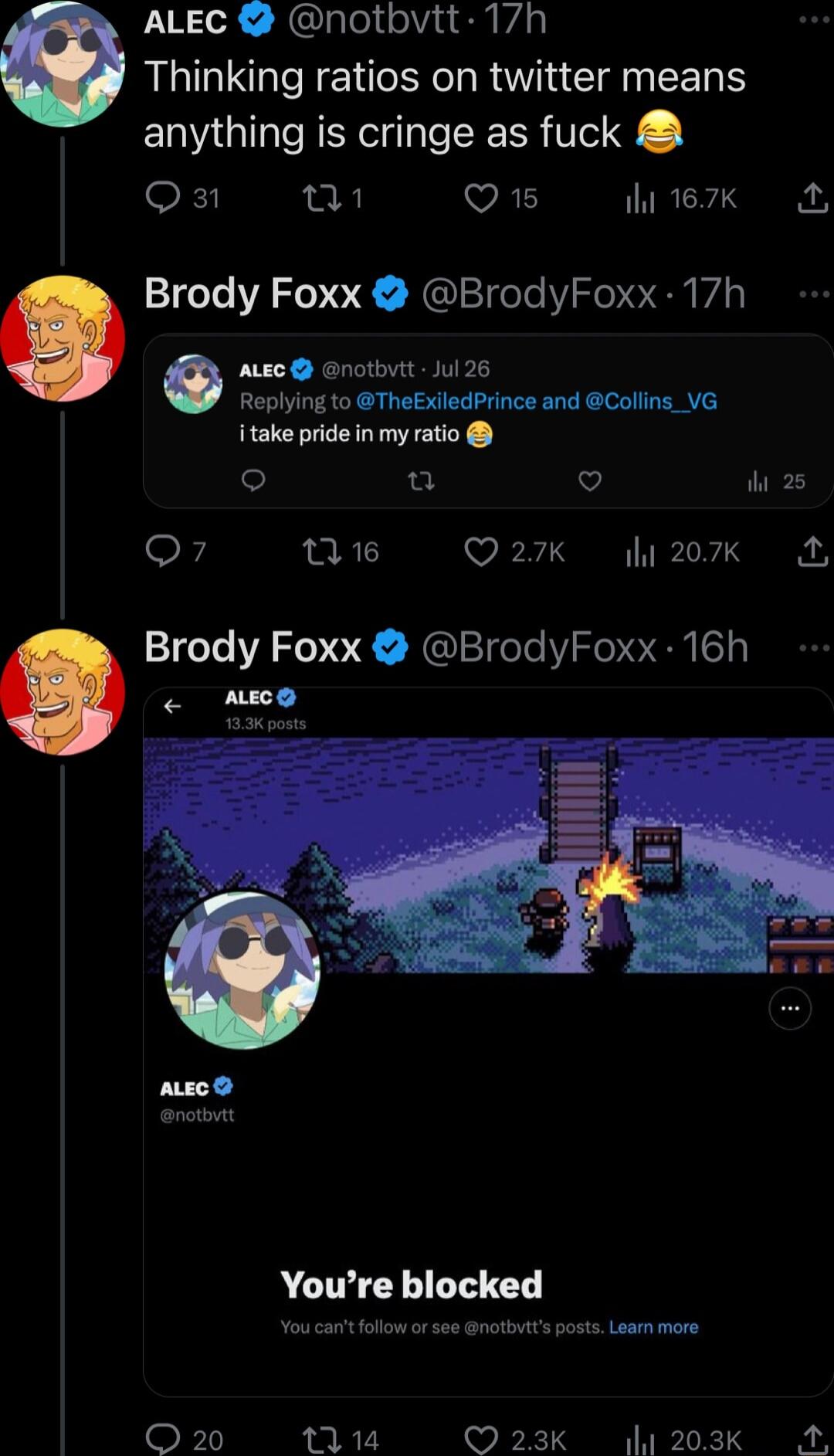 ALEC notbvtt 17h e Thinking ratios on twitter means anything is cringe as fuck k i Q15 676 A Brody Foxx BrodyFoxx 17h ase notbvtt Jul 26 Replying to TheExiledPrince and Collins_VG itake pride in my ratio L iy 25 B 16 Q27K 207Kk Brody Foxx BrodyFoxx 16h Nxe Youre blocked Sp oF 14 23K l 203k A
